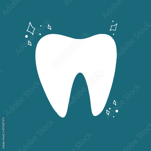 Vector illustration of a healthy clean tooth with glitter on an emerald background. Design for printing postcards, posters, posters, website design, brochures, stickers.