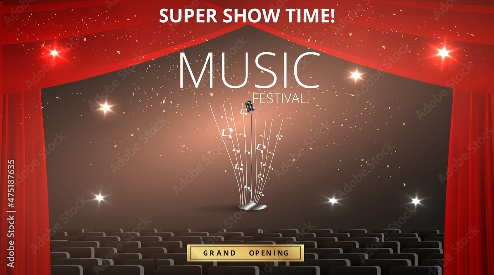 Obraz premium Music Festival night show poster, Cinema and Theatre hall with seats velvet curtains. Shining light bulbs vintage and luxury flyer, glowing spotlights vintage