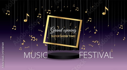 Music Festival night show poster, Cinema and Theatre hall with seats velvet curtains. Shining light bulbs vintage and luxury flyer, glowing spotlights vintage