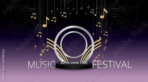 Music Festival night show poster, Cinema and Theatre hall with seats velvet curtains. Shining light bulbs vintage and luxury flyer, glowing spotlights vintage