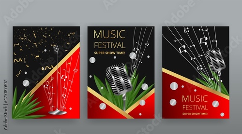 Music Festival night show poster, Cinema and Theatre hall with seats velvet curtains. Shining light bulbs vintage and luxury flyer, glowing spotlights vintage