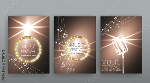 Music Festival night show poster, Cinema and Theatre hall with seats velvet curtains. Shining light bulbs vintage and luxury flyer, glowing spotlights vintage