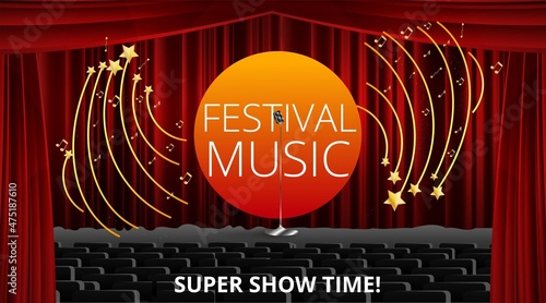 Music Festival night show poster, Cinema and Theatre hall with seats velvet curtains. Shining light bulbs vintage and luxury flyer, glowing spotlights vintage