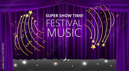 Music Festival night show poster, Cinema and Theatre hall with seats velvet curtains. Shining light bulbs vintage and luxury flyer, glowing spotlights vintage