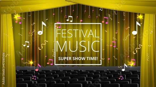 Music Festival night show poster, Cinema and Theatre hall with seats velvet curtains. Shining light bulbs vintage and luxury flyer, glowing spotlights vintage