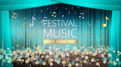 Music Festival night show poster, Cinema and Theatre hall with seats velvet curtains. Shining light bulbs vintage and luxury flyer, glowing spotlights vintage