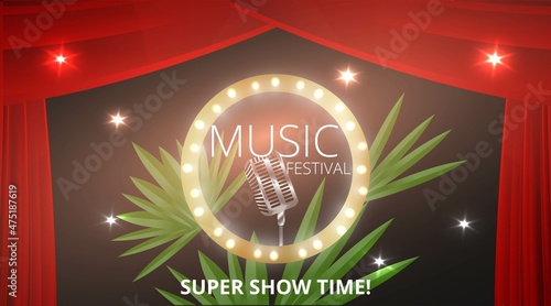 Music Festival night show poster, Cinema and Theatre hall with seats velvet curtains. Shining light bulbs vintage and luxury flyer, glowing spotlights vintage
