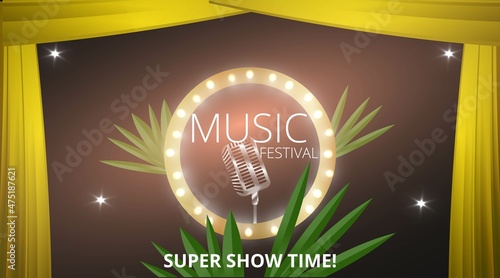 Music Festival night show poster, Cinema and Theatre hall with seats velvet curtains. Shining light bulbs vintage and luxury flyer, glowing spotlights vintage