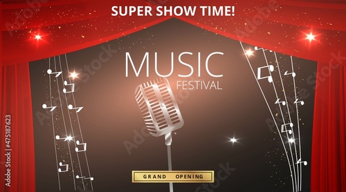Music Festival night show poster, Cinema and Theatre hall with seats velvet curtains. Shining light bulbs vintage and luxury flyer, glowing spotlights vintage