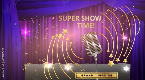 Music Festival night show poster, Cinema and Theatre hall with seats velvet curtains. Shining light bulbs vintage and luxury flyer, glowing spotlights vintage