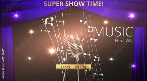 Music Festival night show poster, Cinema and Theatre hall with seats velvet curtains. Shining light bulbs vintage and luxury flyer, glowing spotlights vintage