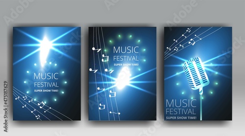 Music Festival night show poster, Cinema and Theatre hall with seats velvet curtains. Shining light bulbs vintage and luxury flyer, glowing spotlights vintage