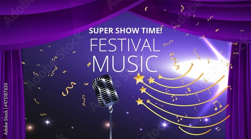 Music Festival night show poster, Cinema and Theatre hall with seats velvet curtains. Shining light bulbs vintage and luxury flyer, glowing spotlights vintage