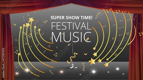 Music Festival night show poster, Cinema and Theatre hall with seats velvet curtains. Shining light bulbs vintage and luxury flyer, glowing spotlights vintage
