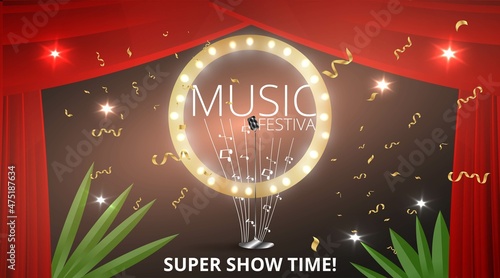 Music Festival night show poster, Cinema and Theatre hall with seats velvet curtains. Shining light bulbs vintage and luxury flyer, glowing spotlights vintage