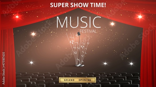 Music Festival night show poster, Cinema and Theatre hall with seats velvet curtains. Shining light bulbs vintage and luxury flyer, glowing spotlights vintage