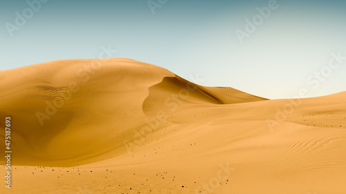 Dark yellow dunes and pale sky. Desert dunes landscape with contrast skies. Minimal abstract background. 3d rendering