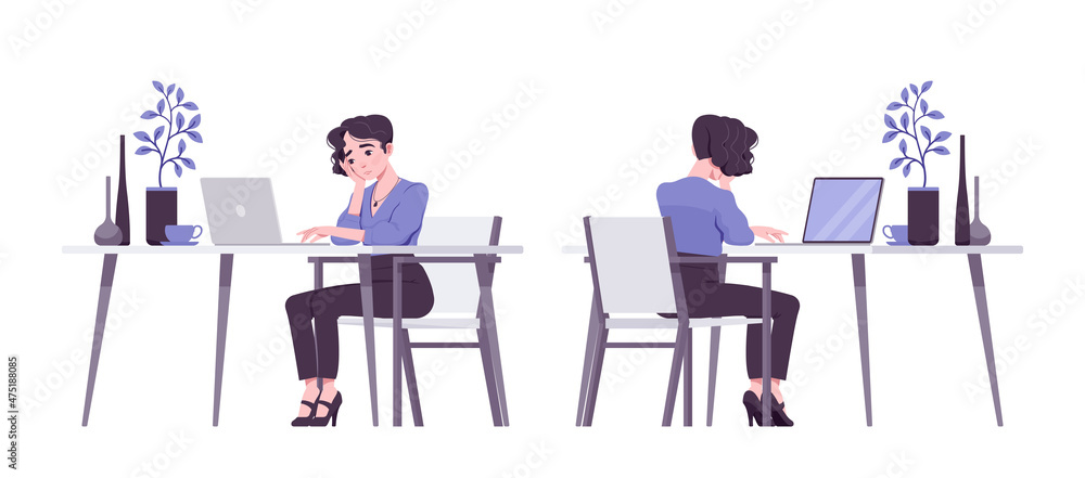 Office girl, modern woman overworked at job. Beautiful female secretary business lady, manager in formal clothes. Vector flat style cartoon illustration isolated on white background, front, rear view