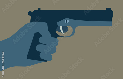 Hand holding pistol with snake head and fang as the trigger.