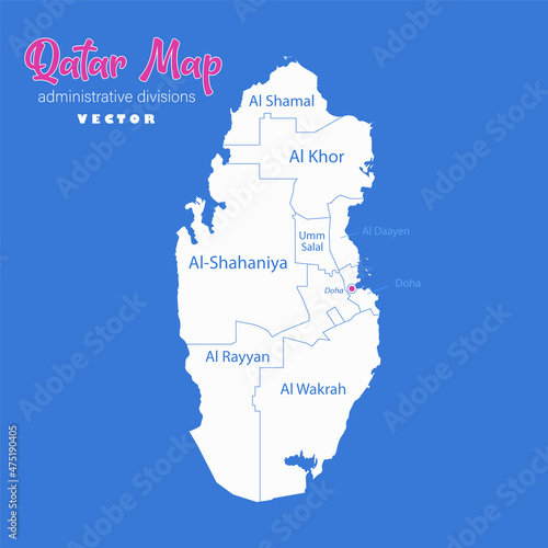 Qatar map, administrative divisions whit names regions, blue background vector