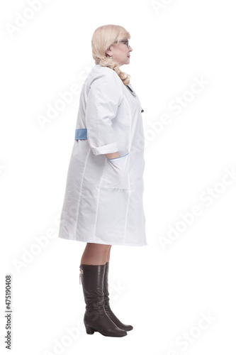 Mature female paramedic with a stethoscope . isolated on a white