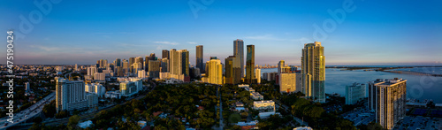 Aerial drone panorama Brickell Miami at sunset