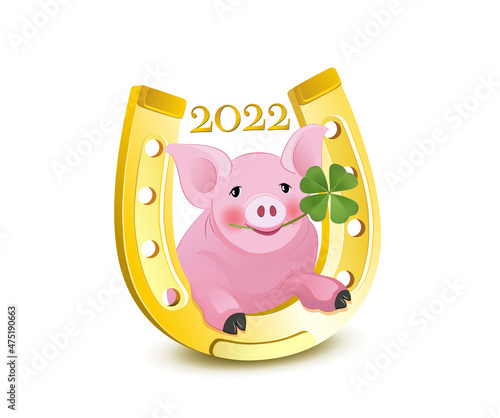 Karte mit Hufeisen, Glücks-Schwein mit Kleeblatt und das Jahr 2022,
Silvester und Glücksbringer Karte,
Vektor Illustration isoliert auf weißem Hintergrund
