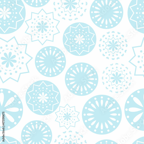 Vector illustration. Merry Christmas and Happy New Year seamless pattern. Lace background with round abstract snowflakes. Perforated bright patterns Papel Picado pattern.
