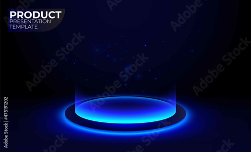 Abstract hi-tech background for display product with neon glowing ring on floor. Round pedestal podium on black background. Futuristic product stand template. Circle teleport podium. Vector template.