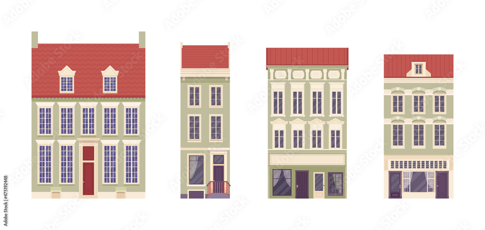Townhouse set, detached buildings, elaborate ornament, classical city facade. Light color houses, suburban cottage residential architecture, victorian design. Vector flat style cartoon illustration