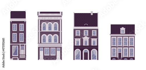 Townhouse set, detached buildings, elaborate ornament, classical city facade. Dark and white houses, suburban cottage residential architecture, victorian design. Vector flat style cartoon illustration