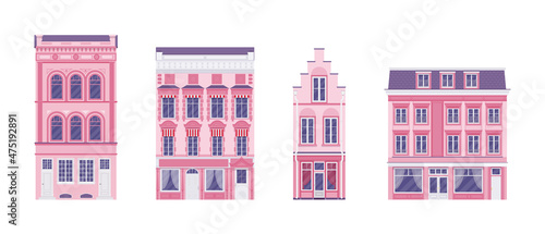 Townhouse set, detached buildings, elaborate ornament, classical city facade. Pink color houses, suburban cottage residential architecture, victorian design. Vector flat style cartoon illustration