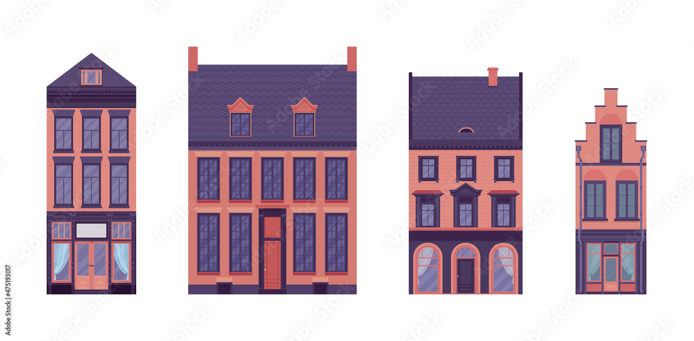 Townhouse set, detached buildings, elaborate ornament, classical city facade. Red brick houses, suburban cottage residential architecture, victorian design. Vector flat style cartoon illustration