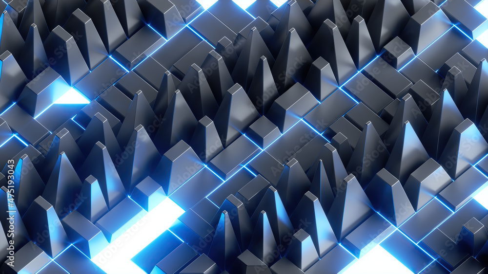 Fototapeta premium 3d render, abstract futuristic background with geometric texture and glowing blue neon light, technological wallpaper