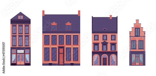 Townhouse set, detached buildings, elaborate ornament, classical city facade. Red brick houses, suburban cottage residential architecture, victorian design. Vector flat style cartoon illustration