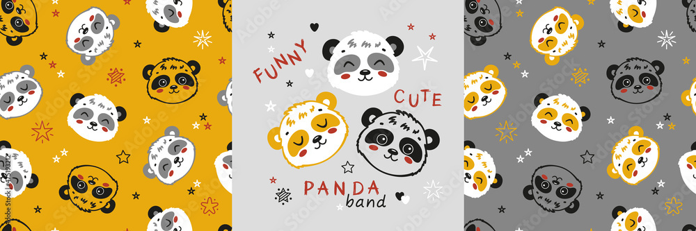 Obraz premium Seamless Patterns and Poster with Cute Panda and Star. Childish Background with Little Chinese or Bamboo Bear Faces. Vector Baby Funny Animals Drawing for Tee Print for Kids. Yellow, Gray, White Color