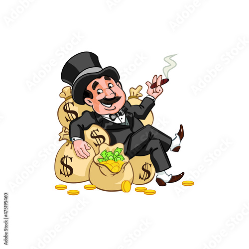 Rich Man sitting on Money bags smoking cigar vector