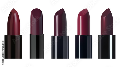 Plum Lipsticks set with lid in black. Makeup realistic cosmetic vector illustration isolated on white.