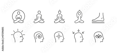 Yoga vector set. Outline icon collection for buddhist retreat, spiritual practice or Vipassana meditation. Sadhu board. Head with different mental state. 