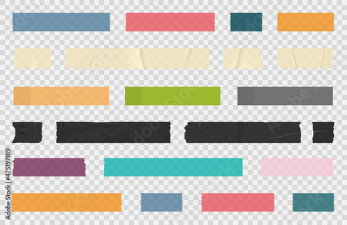 Adhesive tape, sticky paper stripes. Colorful stripes and pieces of duct paper, scotch or washi paper. Transparent duct tape in different shapes