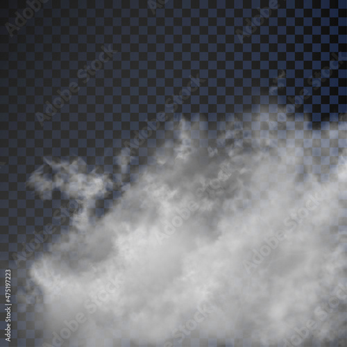Big white good quality realistic cloud. Vector thick heaven like cumulus cloudiness isolated on dark transparent background.