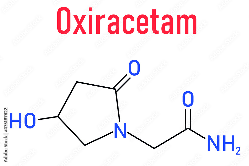 Oxiracetam nootropic drug molecule. Skeletal formula. Oxiracetam nootropic drug molecule. Skeletal formula.