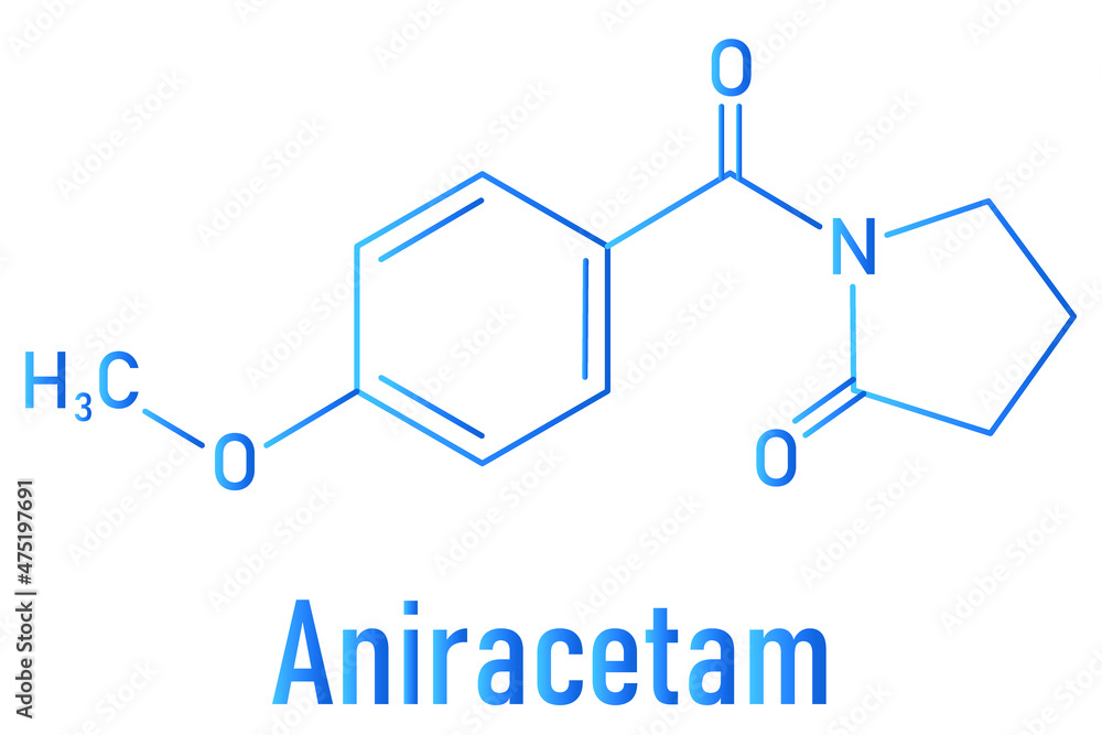 Aniracetam nootropic drug molecule. Skeletal formula. Aniracetam nootropic drug molecule. Skeletal formula.