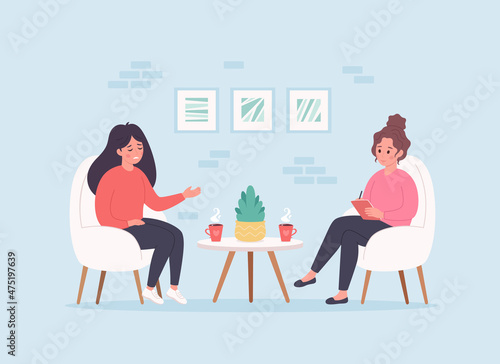 Woman talking with psychologist. Psychology therapy, mental health, depression. Vector illustration