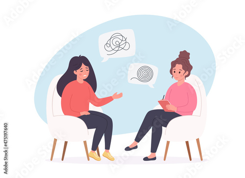 Woman talking with psychologist. Psychology therapy, mental health concept. Vector illustration