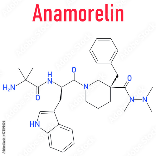 Anamorelin cancer cachexia and anorexia drug molecule. Skeletal formula.