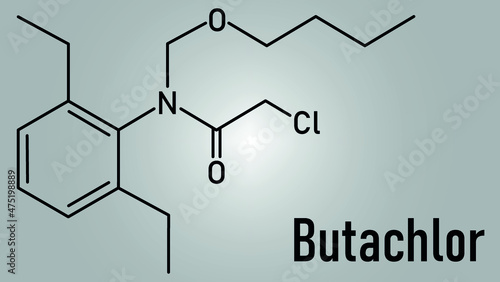 Butachlor herbicide molecule. Skeletal formula.
