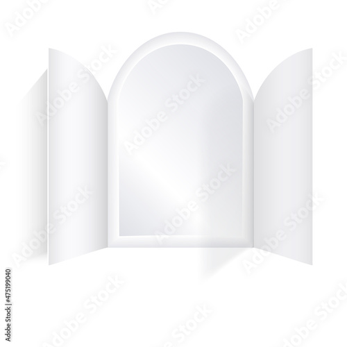 Christmas advent calendar door opening mockup. Realistic an open wide doors on white background. Template to reveal a message. Merry Christmas poster concept. Festive vector illustration