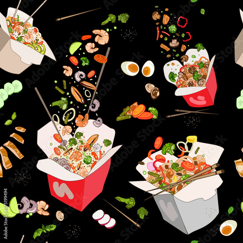 Set of Asian and Chinese food in boxes with chopsticks,Seamless food background with Chinese noodles and vegetables,meat,rice,seafood and mushrooms,black background.Vector illustration Asian food