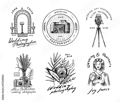 Wedding photographer badges and badges or logos. Photo camera for the holiday. Photography Community. Templates for Retro Studio, vintage store or shop. Hand drawn sketch for postcard, banners. 